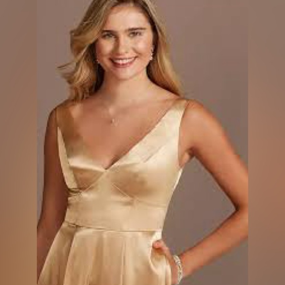 Gold Ruched Maxi Gown with V-neck and high leg Slit